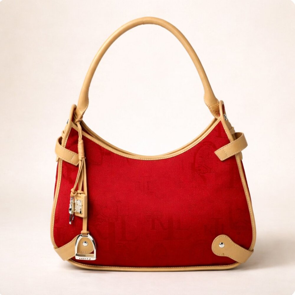 Ralph Lauren Red Equestrian Logo Canvas Hobo Bag Tan Leather Trim Shoulder Bag